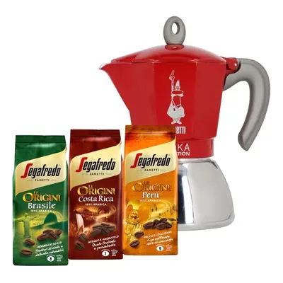 Kawiarka Bialetti New Moka Induction 6tz czerwona + 3 kawy mielone Le Origini