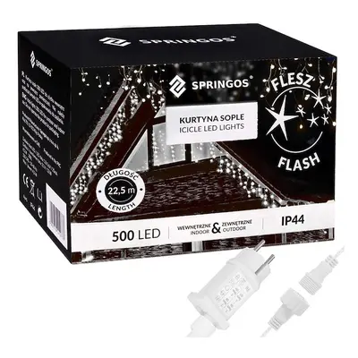 Kurtyna świetlna 500 led girlanda, lampki wewnętrzno-zewnętrzne sople biały zimny + flash