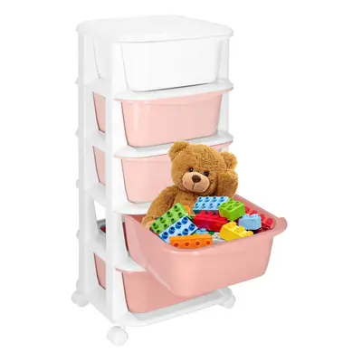 Regał łazienkowy z 5 szufladami szafka na kółkach na zabawki mobilna różowo-biała