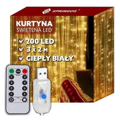 Kurtyna świetlna ciepły biały 200 Led 3x2 m lampki wewnętrzne z programatorem USB