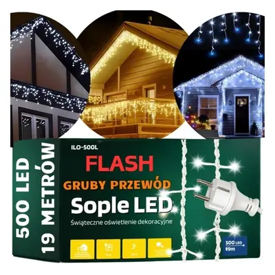 Lampki świąteczne zewnętrzne sople 500 led grube przewody flash