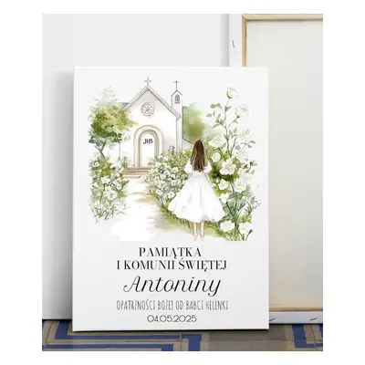 Plakat obrazek komunijny na półtonie z kościółkiem