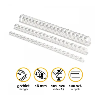 Grzbiety plastikowe okrągłe 16mm (101-120 kartek) białe