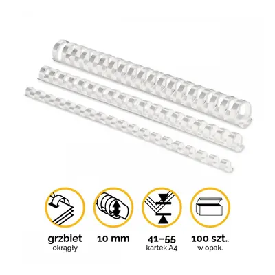 Grzbiety plastikowe okrągłe 10mm (41-55 kartek) białe