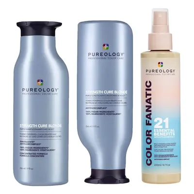 Pureology Strength Cure Blonde Purple Shampoo, Conditioner and Color Fanatic Spray Routine for T