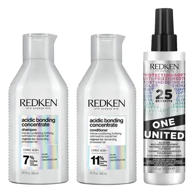 Redken Acidic Bonding Concentrate Shampoo, Conditioner and One United Multi-Benefit Leave-in Tre