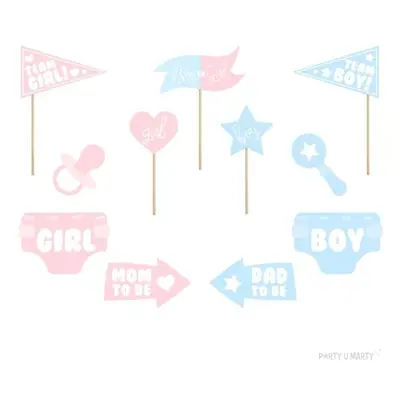 Fotogadżet patyczki "Gender Reveal - Team Girl or Boy", różowo-błękitny, PartyDeco, 11 szt