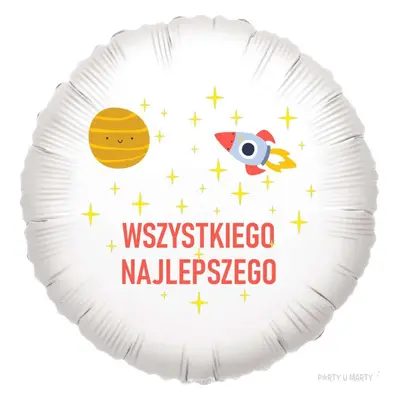 Balon foliowy "Kosmiczna rakieta - Wszystkiego Najlepszego", biały, 18", RND