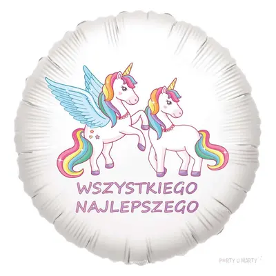 Balon foliowy "Tęczowe Jednorożce - Wszystkiego Najlepszego", biały, 18", RND