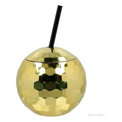 Kubek plastikowy ze słomką "Kula Disco", złoty, Boland, 650 ml