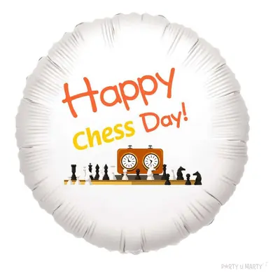 Balon foliowy "Szachy - Happy Chess Day", biały, 18"