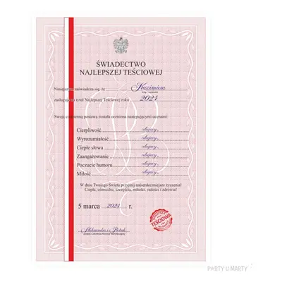 Świadectwo "Dla najlepszej Teściowej", A4