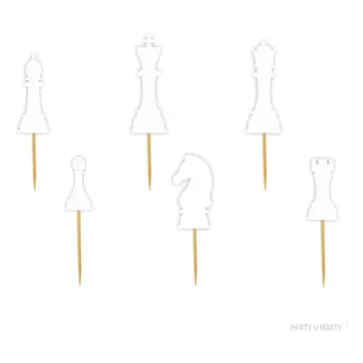 Dekoracje do babeczek, muffinek, koreczków dla szachisty "Pikery, szpilki - Szachy", białe, 6 sz
