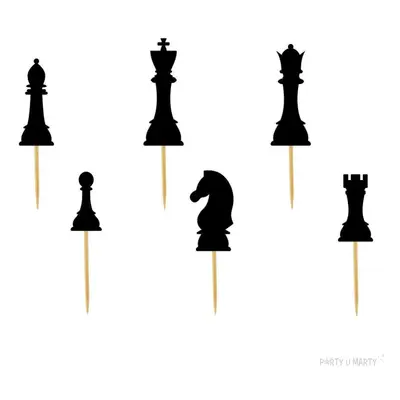 Dekoracje do babeczek, muffinek, koreczków dla szachisty "Pikery, szpilki - Szachy", czarne, 6 s