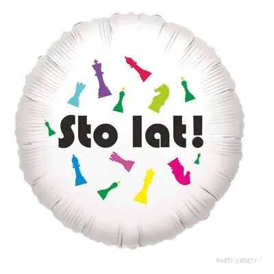 Balon foliowy "Szachy - Sto lat!", biały, 18"