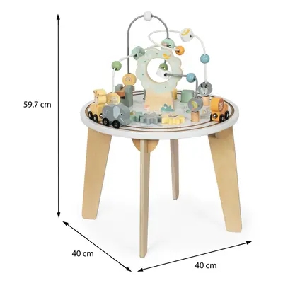 Drewniany okrągły stolik edukacyjny z magnetyczną kolejką i wyrzutnią do koralików