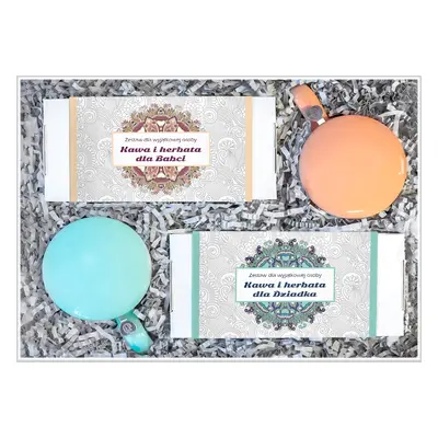 Gotowy zestaw prezentowy „Box dla Babci i Dziadka“ kawy herbaty smakowe PREMIUM x2 zaparzacz kub