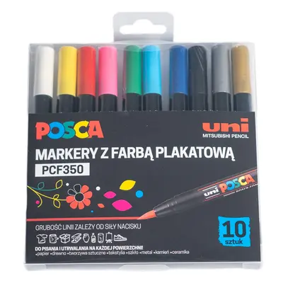 MARKER UNI POSCA PCF-350 Z KOŃCÓWKĄ - PĘDZELKIEM, ZESTAW 10 SZT