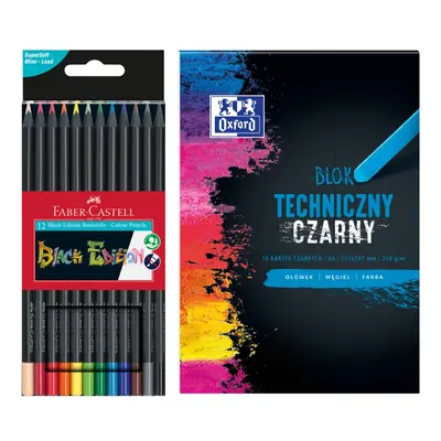 ZESTAW: KREDKI BLACK EDITION FABER-CASTELL, 12 KOLORÓW + BLOK TECHNICZNY OXFORD A4, 10 KARTEK, C