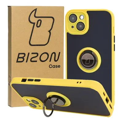 Etui z uchwytem na palec Bizon Case Hybrid Ring do iPhone 15 Plus, przydymione z żółtą ramką