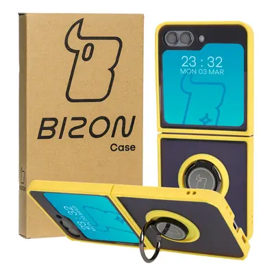 Etui z uchwytem na palec Bizon Case Hybrid Ring do Galaxy Z Flip5, przydymione z żółtą ramką