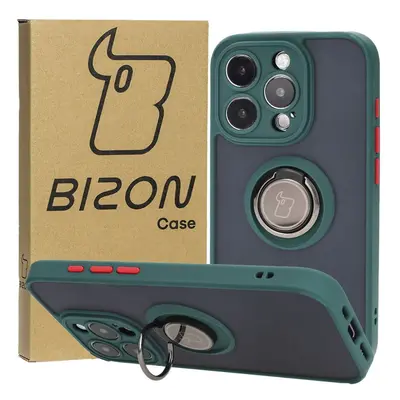 Etui z uchwytem na palec Bizon Case Hybrid Ring do iPhone 15 Pro, przydymione z ciemnozieloną ra