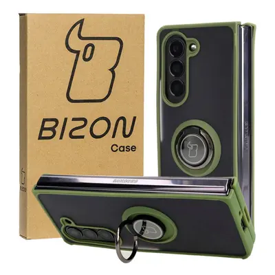 Etui z uchwytem na palec Bizon Case Hybrid Ring do Galaxy Z Fold5, przydymione z zieloną ramką