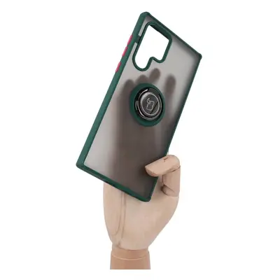 Etui z uchwytem na palec Bizon Case Hybrid Ring do Galaxy S22 Ultra, przydymione z ciemnozieloną