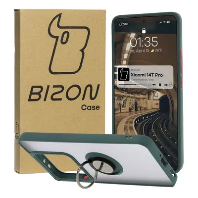 Etui z uchwytem na palec Bizon Case Hybrid Ring do Xiaomi 14T Pro, przydymione z ciemnozieloną r