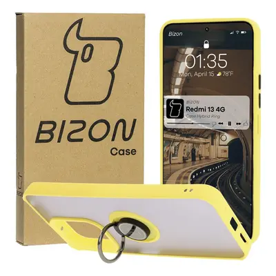 Etui z uchwytem na palec Bizon Case Hybrid Ring do Xiaomi Redmi 13 4G, przydymione z żółtą ramką