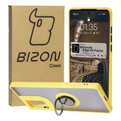 Etui z uchwytem na palec Bizon Case Hybrid Ring do Motorola Edge 50 Fusion, przydymione z żółtą 