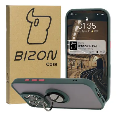 Etui z uchwytem na palec Bizon Case Hybrid Ring do iPhone 16 Pro, przydymione z ciemnozieloną ra