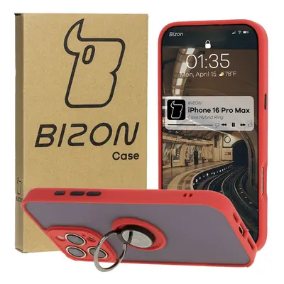 Etui z uchwytem na palec Bizon Case Hybrid Ring do iPhone 16 Pro Max, przydymione z czerwoną ram