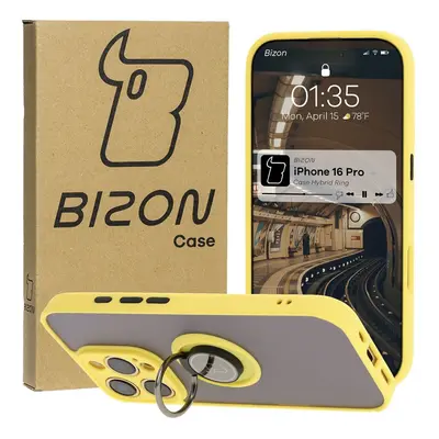 Etui z uchwytem na palec Bizon Case Hybrid Ring do iPhone 16 Pro, przydymione z żółtą ramką