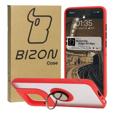 Etui z uchwytem na palec Bizon Case Hybrid Ring do Motorola Edge 50 Neo, przydymione z czerwoną 