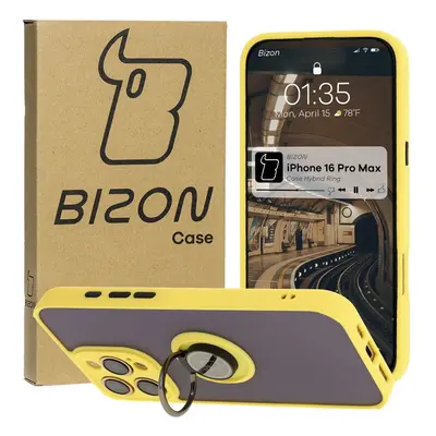 Etui z uchwytem na palec Bizon Case Hybrid Ring do iPhone 16 Pro Max, przydymione z żółtą ramką