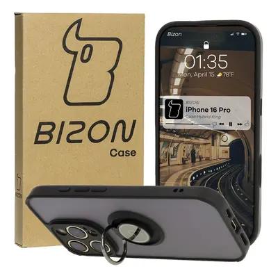 Etui z uchwytem na palec Bizon Case Hybrid Ring do iPhone 16 Pro, przydymione z czarną ramką