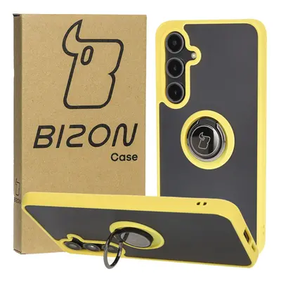 Etui z uchwytem na palec Bizon Case Hybrid Ring do Galaxy S24 FE, przydymione z żółtą ramką