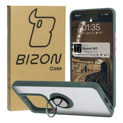 Etui z uchwytem na palec Bizon Case Hybrid Ring do Xiaomi 14T, przydymione z ciemnozieloną ramką