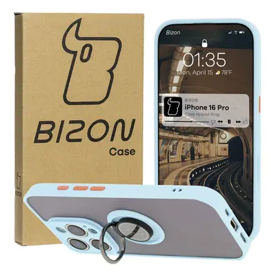 Etui z uchwytem na palec Bizon Case Hybrid Ring do iPhone 16 Pro, przydymione z jasnoniebieską r