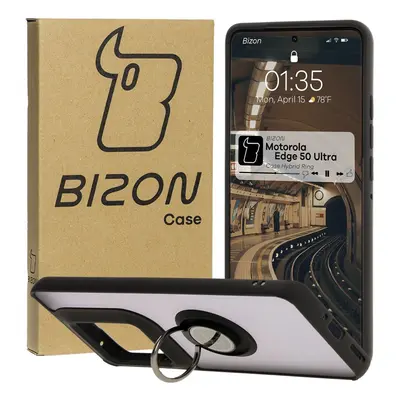 Etui z uchwytem na palec Bizon Case Hybrid Ring do Motorola Edge 50 Ultra, przydymione z czarną 