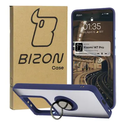 Etui z uchwytem na palec Bizon Case Hybrid Ring do Xiaomi 14T Pro, przydymione z granatową ramką