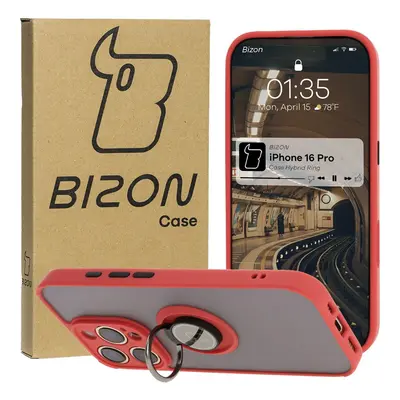 Etui z uchwytem na palec Bizon Case Hybrid Ring do iPhone 16 Pro, przydymione z czerwoną ramką