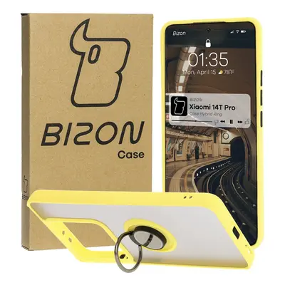 Etui z uchwytem na palec Bizon Case Hybrid Ring do Xiaomi 14T Pro, przydymione z żółtą ramką