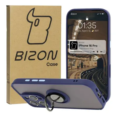 Etui z uchwytem na palec Bizon Case Hybrid Ring do iPhone 16 Pro, przydymione z granatową ramką