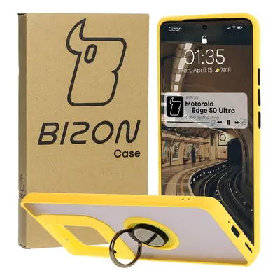 Etui z uchwytem na palec Bizon Case Hybrid Ring do Motorola Edge 50 Ultra, przydymione z żółtą r