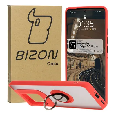 Etui z uchwytem na palec Bizon Case Hybrid Ring do Motorola Edge 50 Ultra, przydymione z czerwon