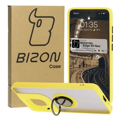 Etui z uchwytem na palec Bizon Case Hybrid Ring do Motorola Edge 50 Neo, przydymione z żółtą ram