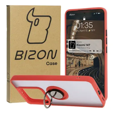 Etui z uchwytem na palec Bizon Case Hybrid Ring do Xiaomi 14T, przydymione z czerwoną ramką