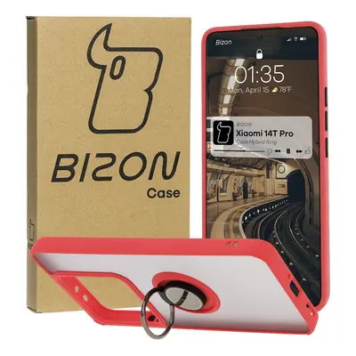 Etui z uchwytem na palec Bizon Case Hybrid Ring do Xiaomi 14T Pro, przydymione z czerwoną ramką